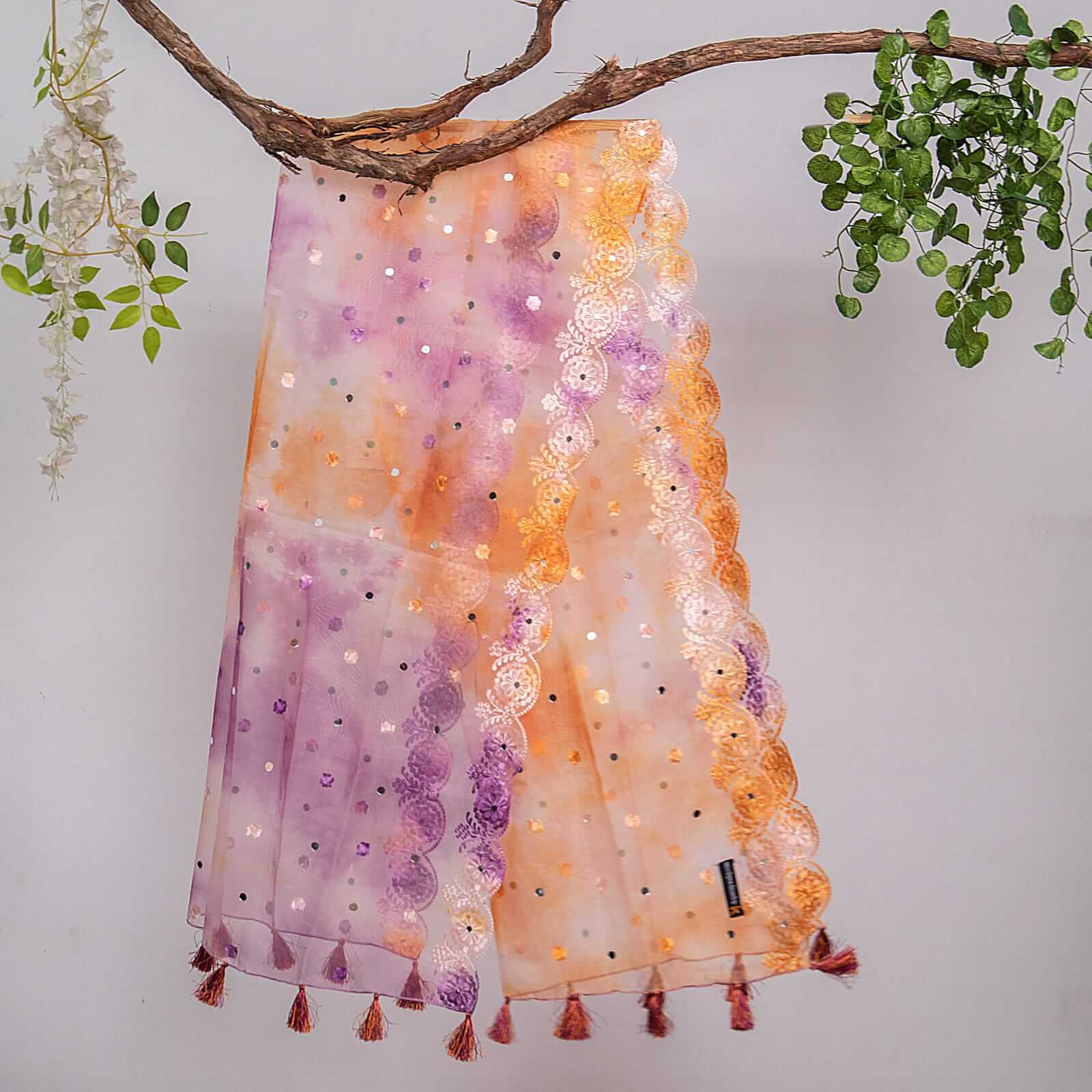 Organza Purple Orange Tie Dye Embroidered Two Sided Tussle With Mirror Work Dupatta