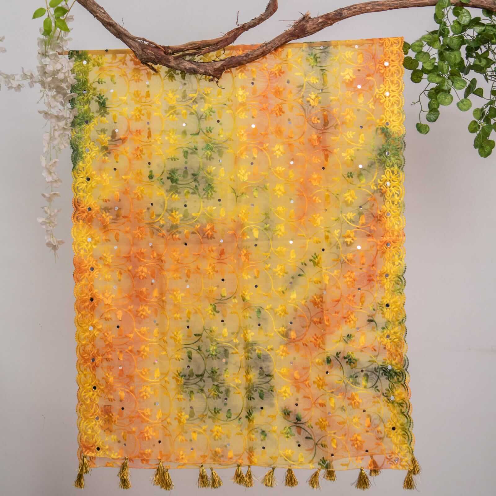 Organza Orange Tie Dye Embroidered All Sided Lace With Mirror Work Dupatta