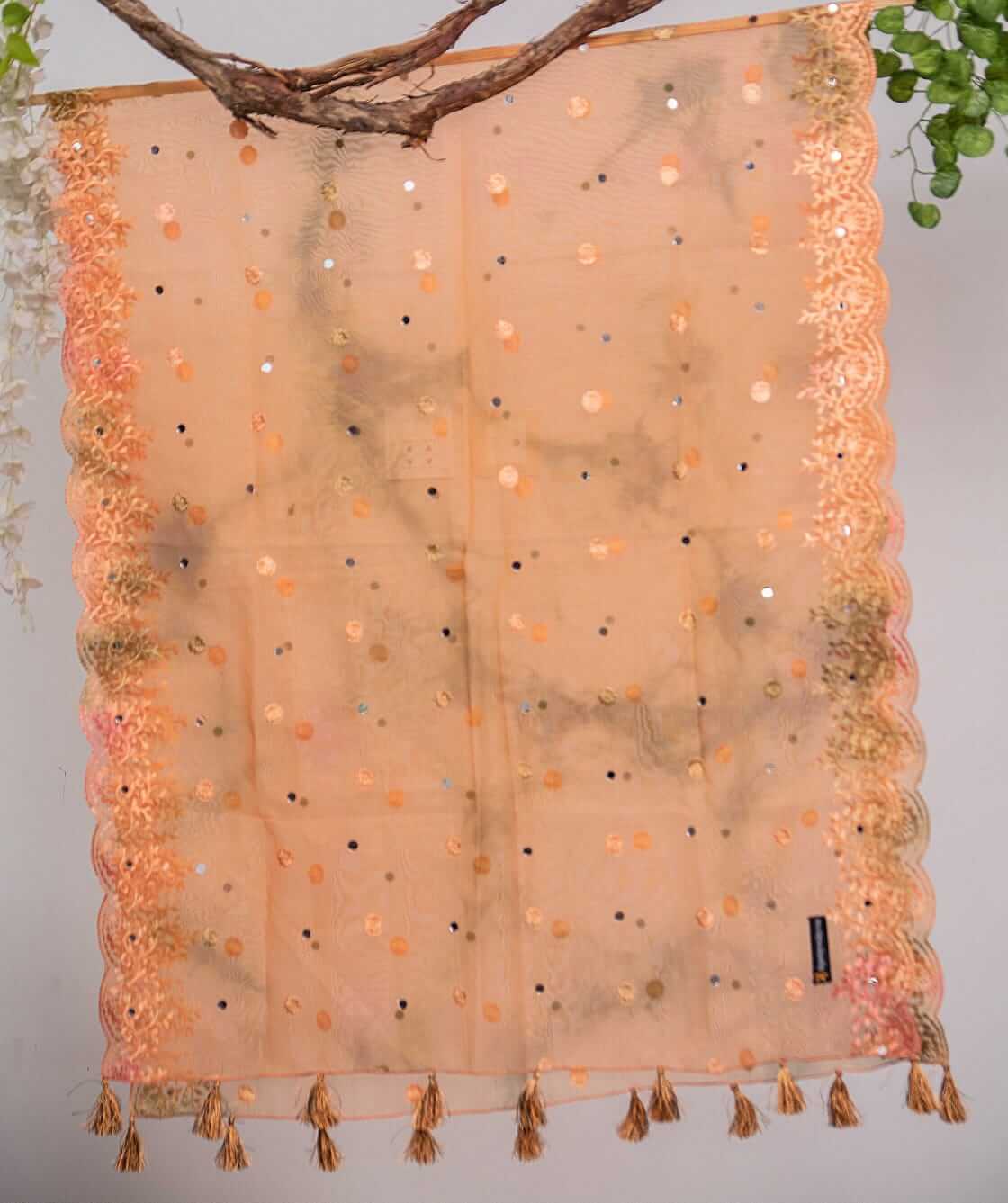 Organza Peach Tie Dye Embroidered All Sided Lace With Mirror Work Dupatta