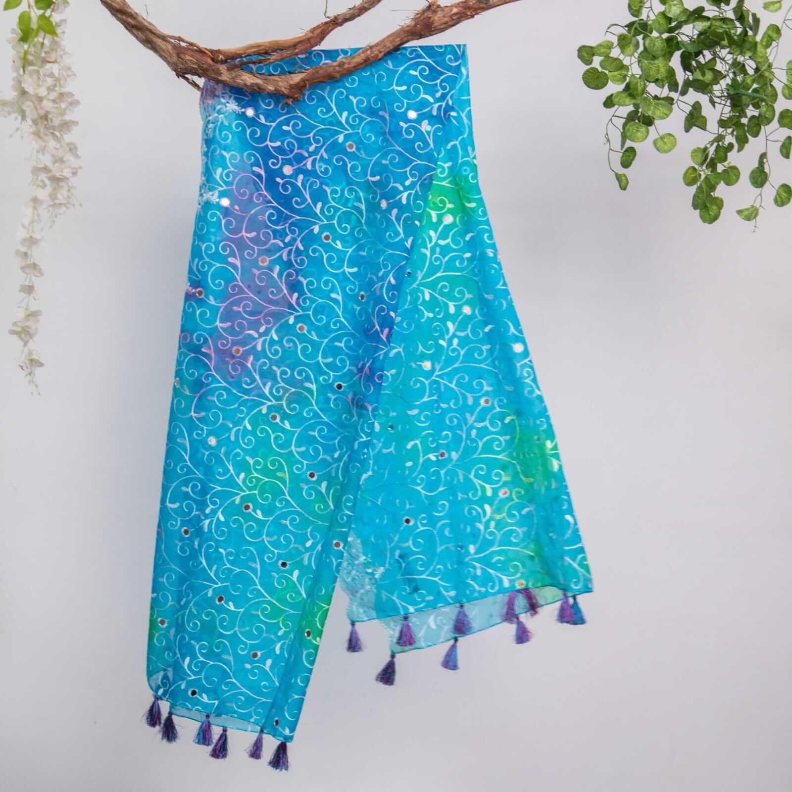 Organza Sky Blue Tie Dye Embroidered All Sided Lace With Mirror Work Dupatta