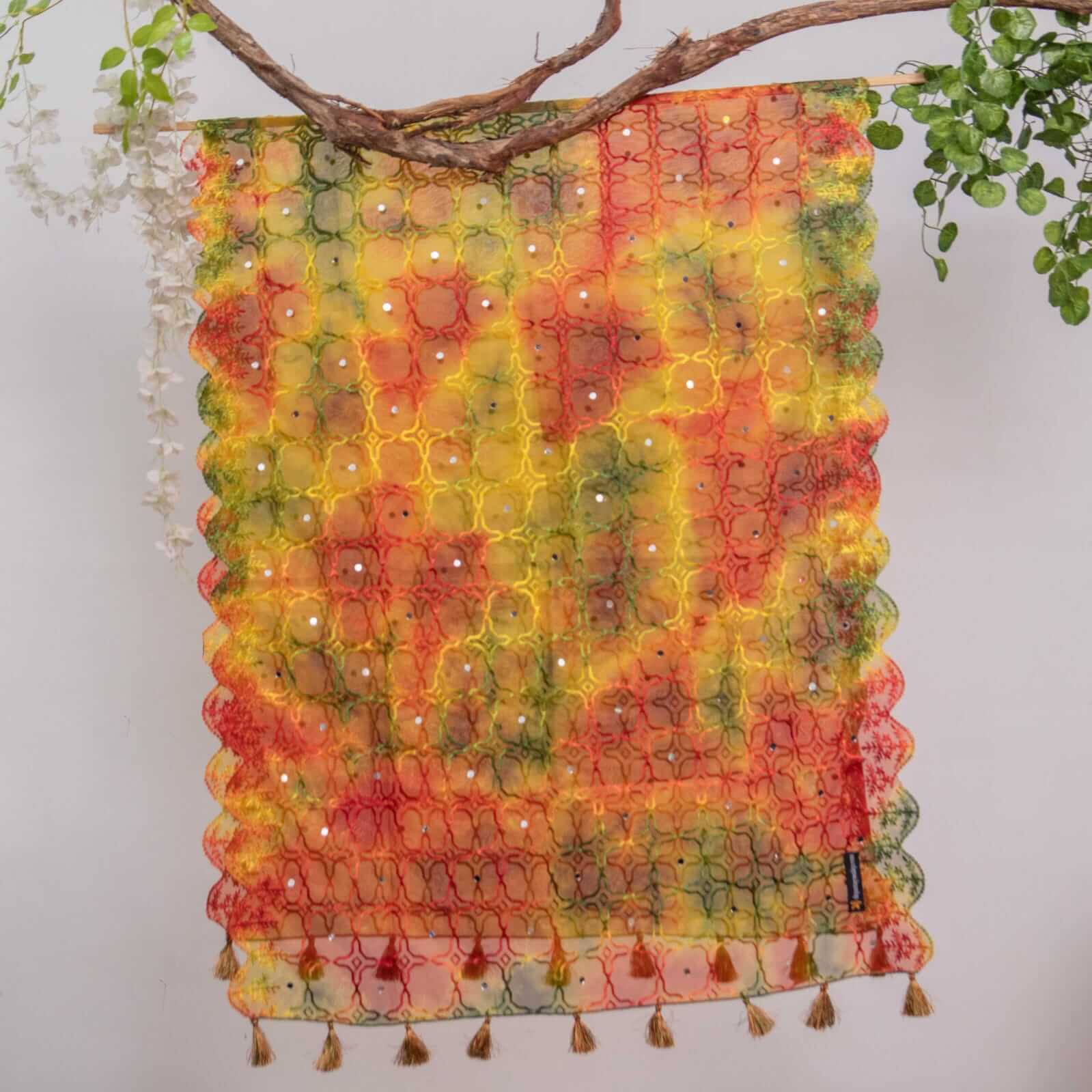 Organza Yellow Tie Dye Embroidered All Sided Lace With Mirror Work Dupatta