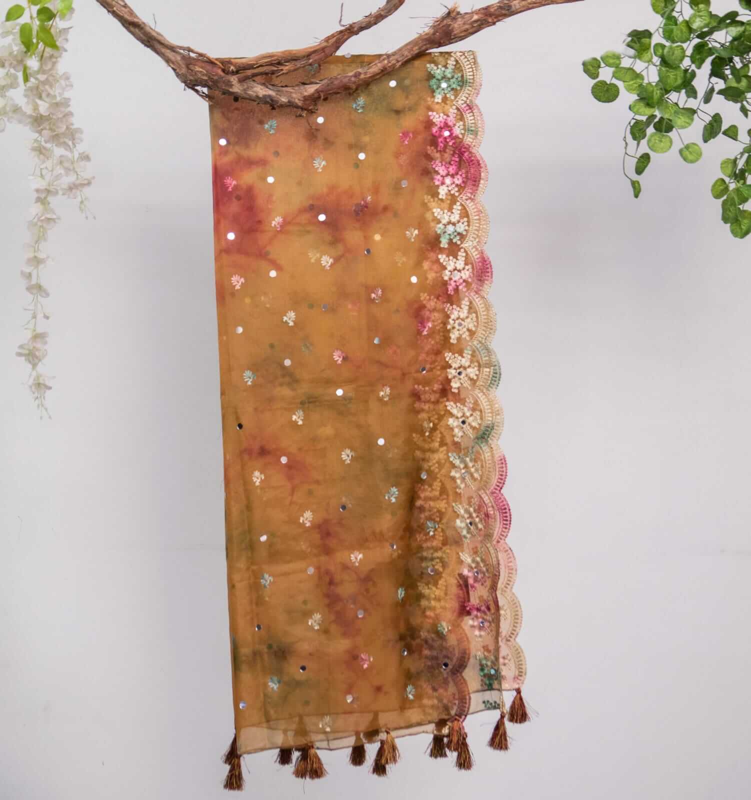 Organza Brown Tie Dye Embroidered Two Sided Tussle With Mirror Work Dupatta