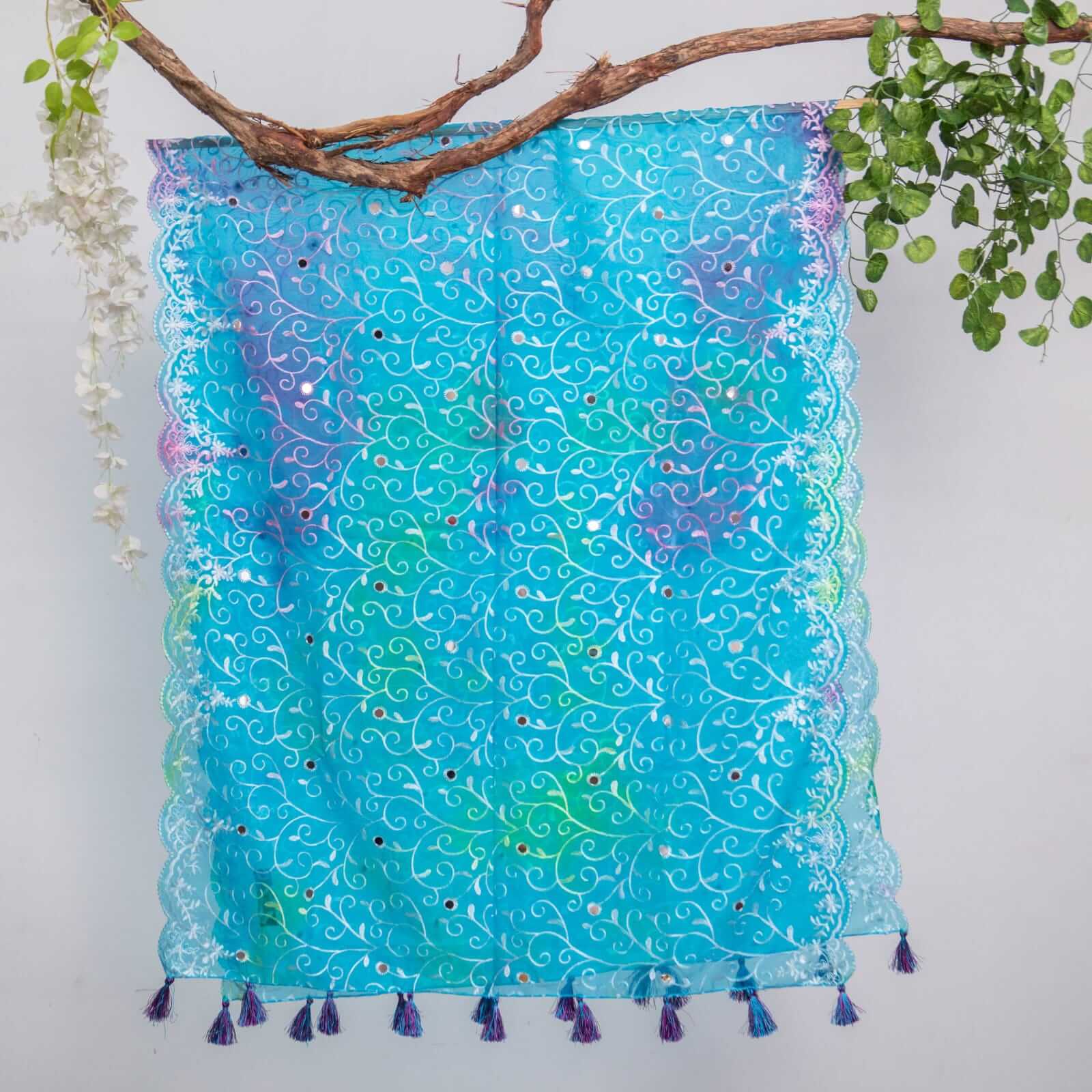 Organza Sky Blue Tie Dye Embroidered All Sided Lace With Mirror Work Dupatta
