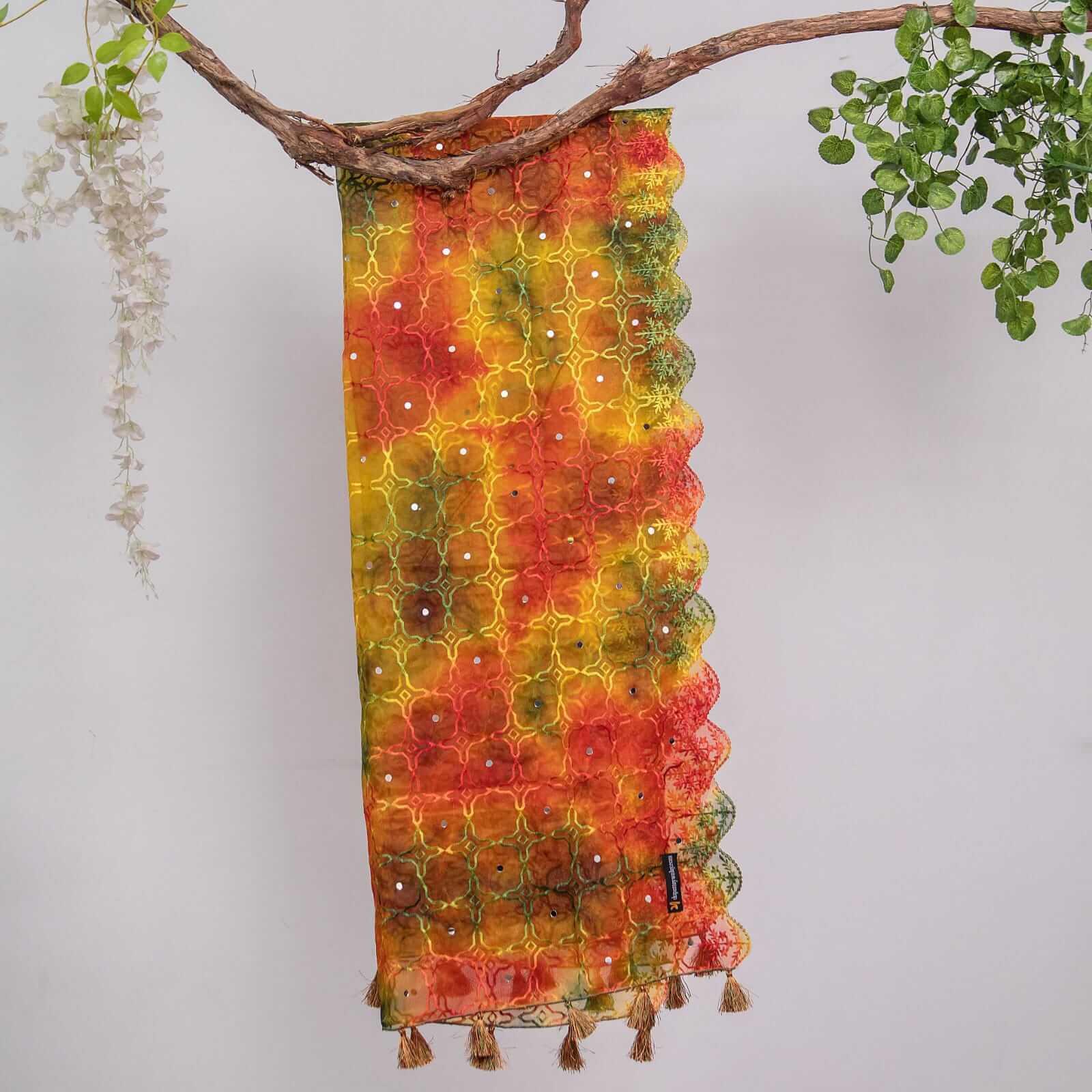 Organza Yellow Tie Dye Embroidered All Sided Lace With Mirror Work Dupatta