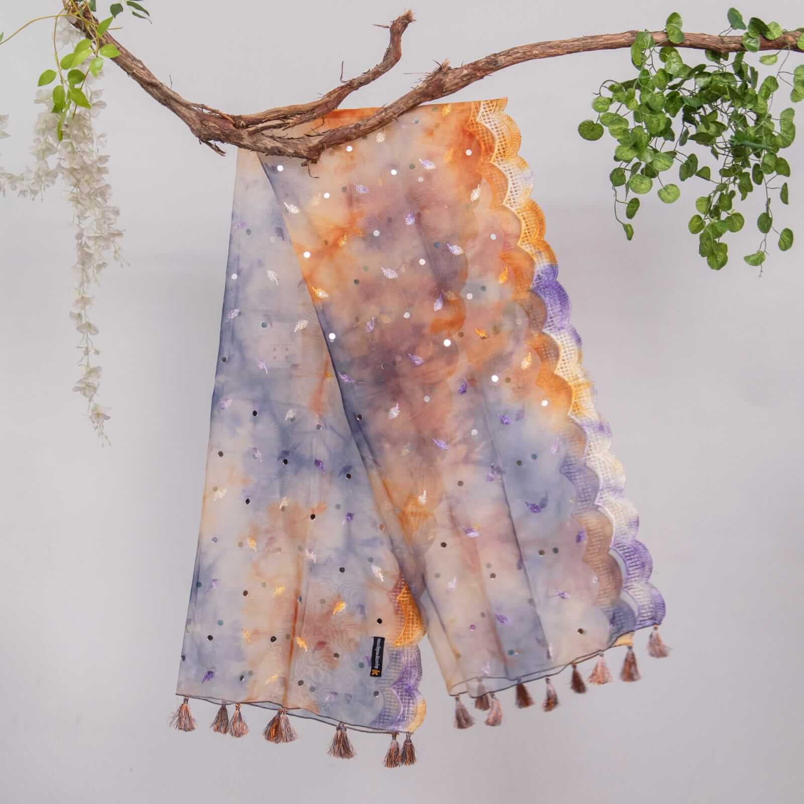 Organza Grayish Orange Tie Dye Embroidered Two Sided Tussle With Mirror Work Dupatta