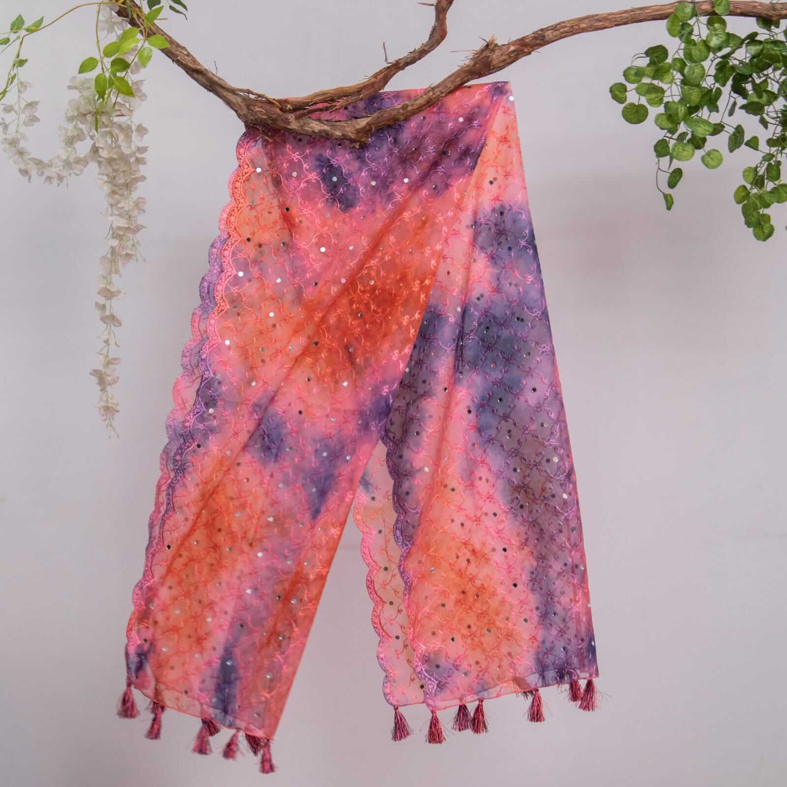 Organza Pink Tie Dye Embroidered All Sided Lace With Mirror Work Dupatta