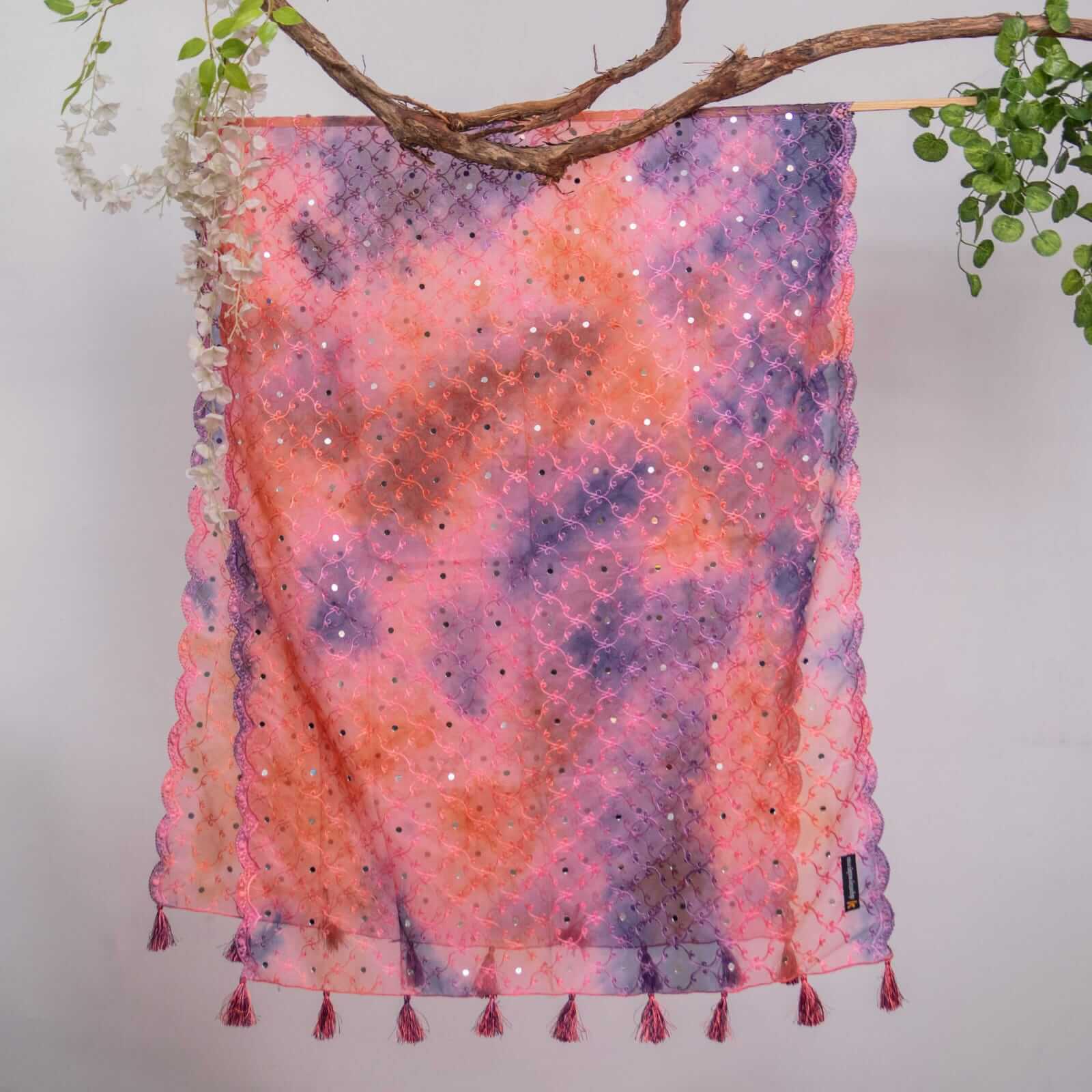 Organza Pink Tie Dye Embroidered All Sided Lace With Mirror Work Dupatta