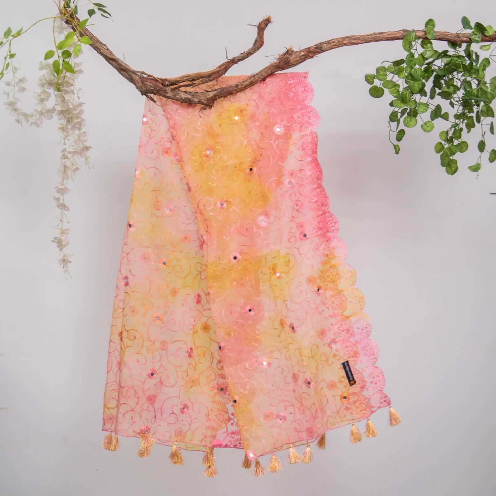 Organza Mustard Pink Tie Dye Embroidered Two Sided Tussle With Mirror Work Dupatta