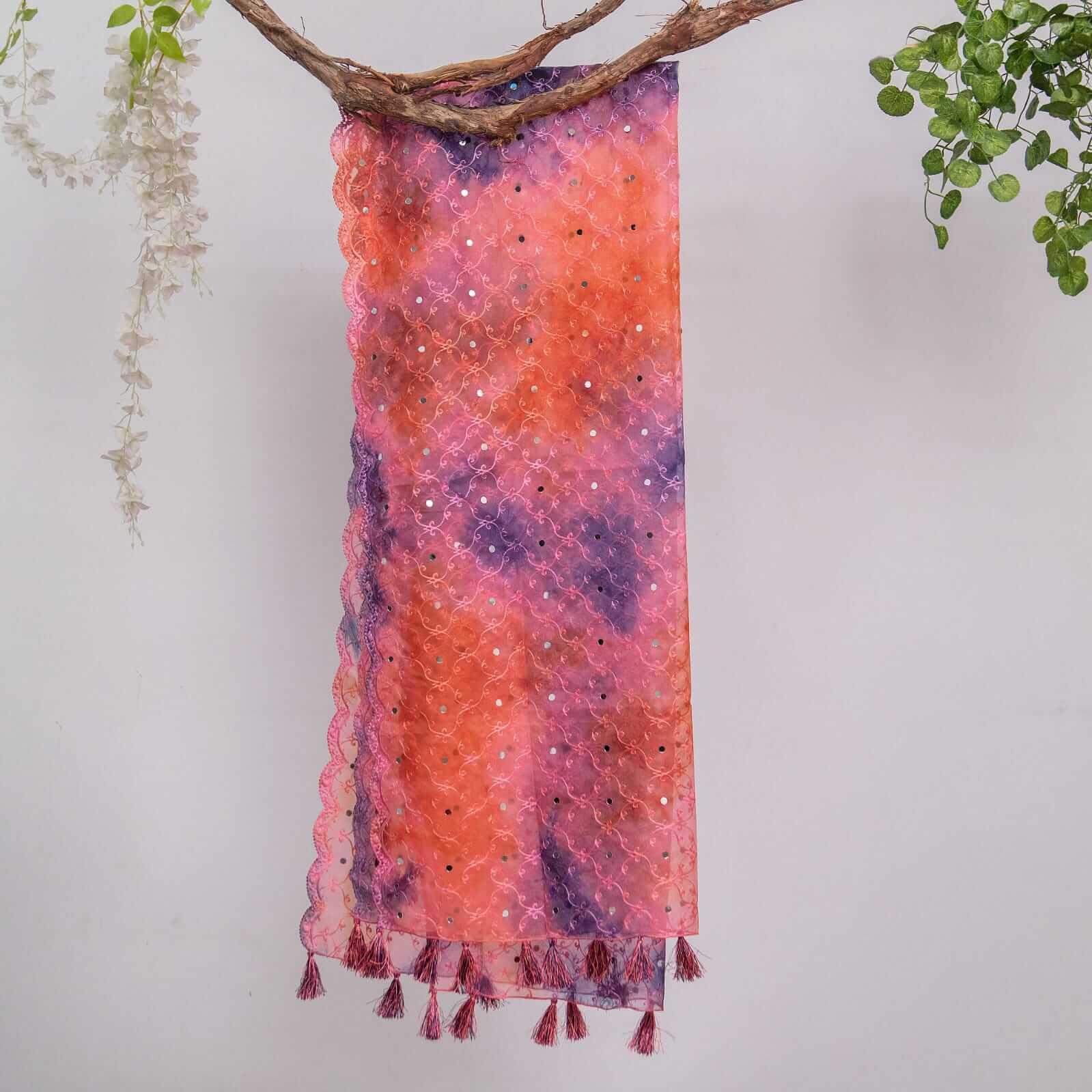 Organza Pink Tie Dye Embroidered All Sided Lace With Mirror Work Dupatta