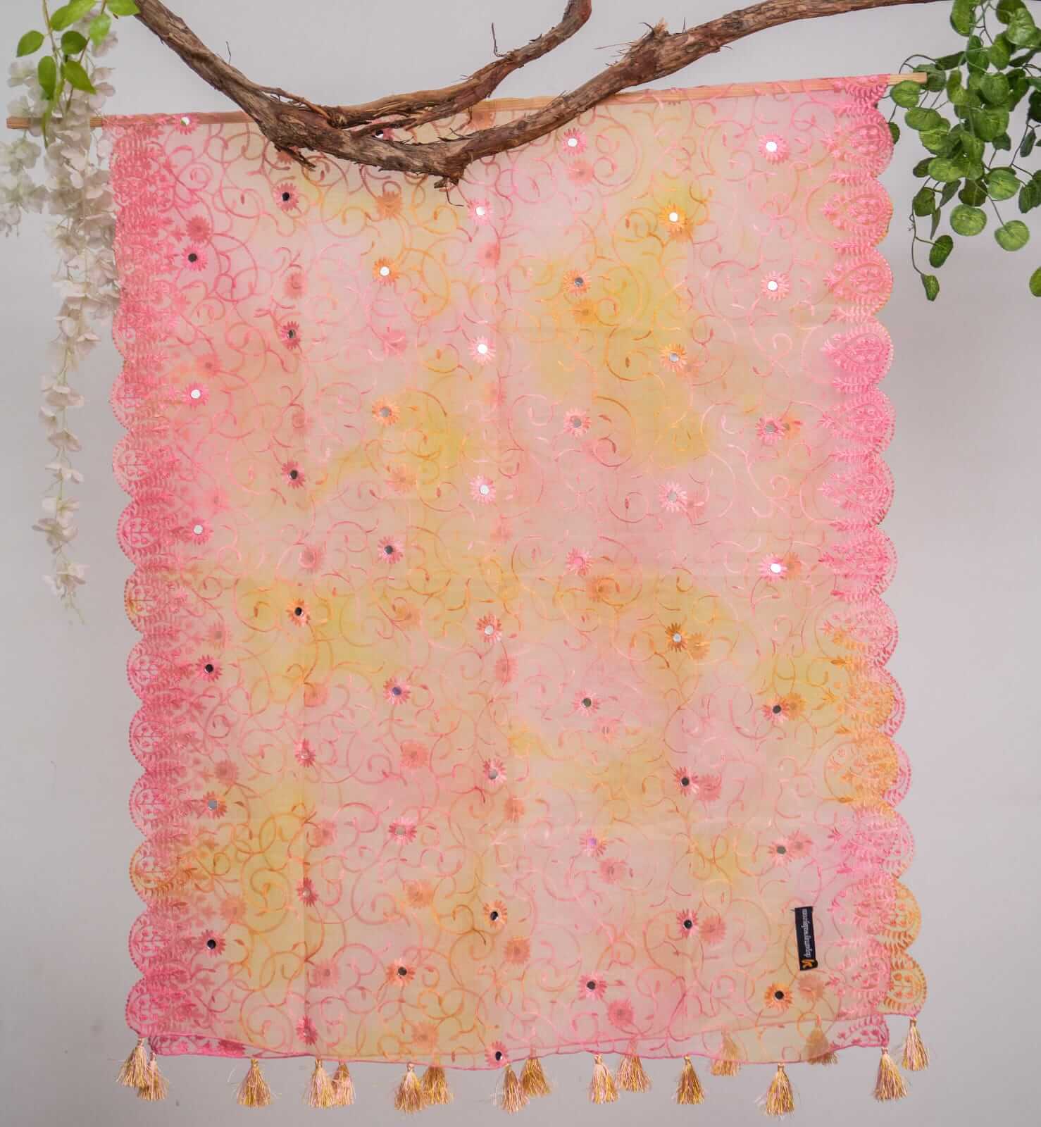 Organza Mustard Pink Tie Dye Embroidered Two Sided Tussle With Mirror Work Dupatta