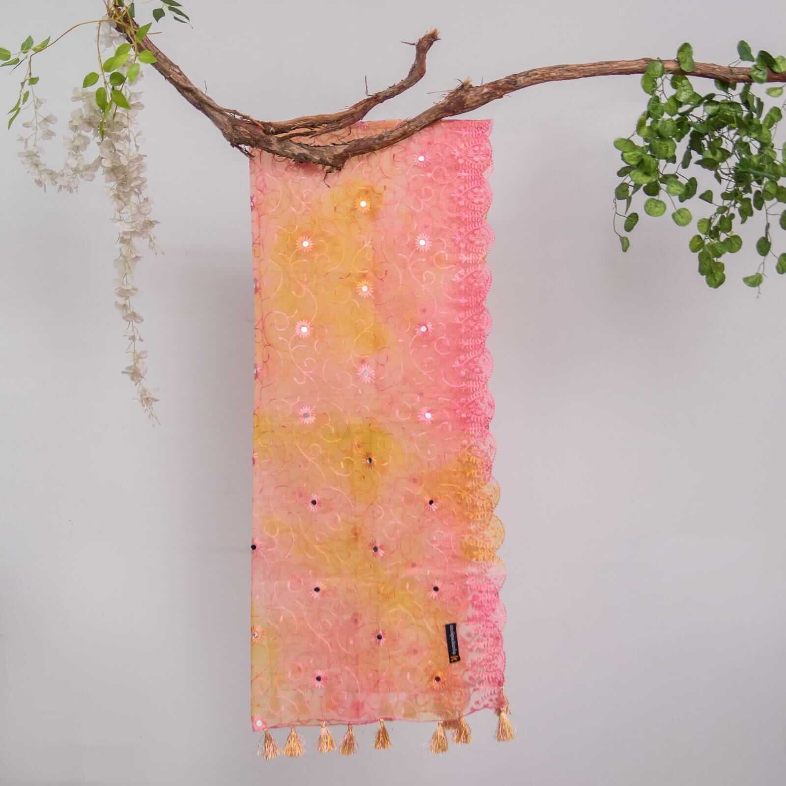 Organza Mustard Pink Tie Dye Embroidered Two Sided Tussle With Mirror Work Dupatta