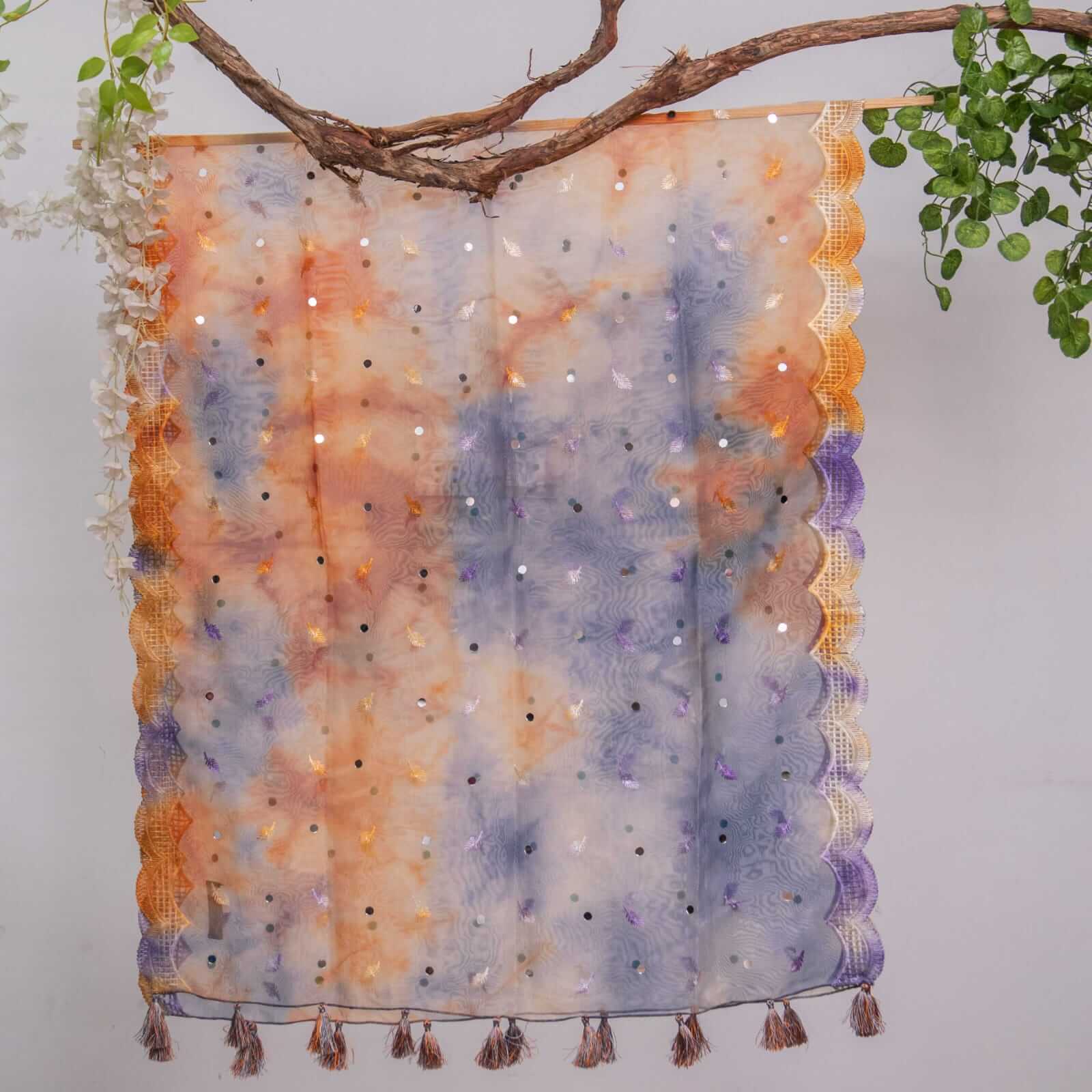 Organza Grayish Orange Tie Dye Embroidered Two Sided Tussle With Mirror Work Dupatta