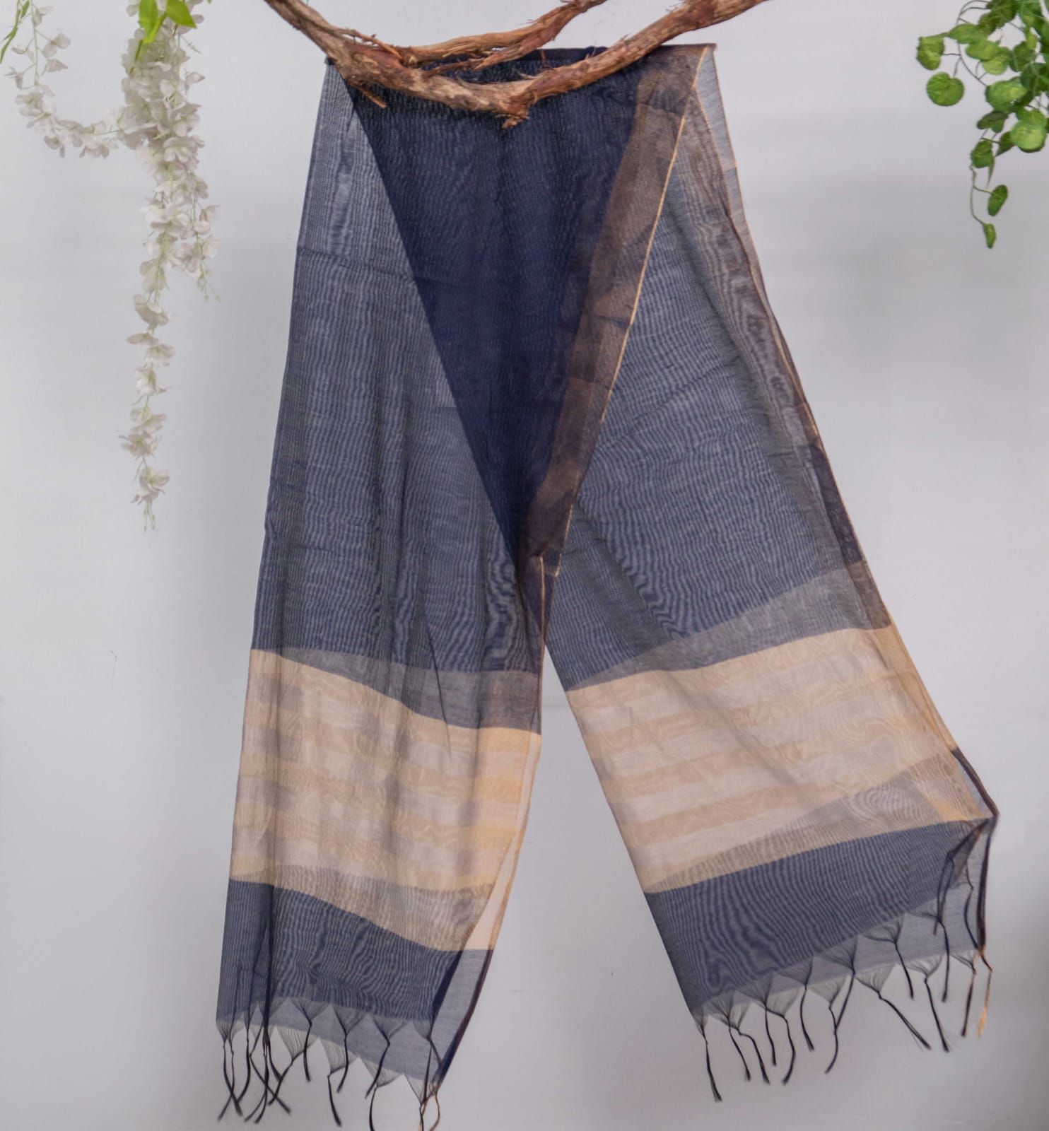 Khaddi Woven Denim Blue All Sided Border Dupatta