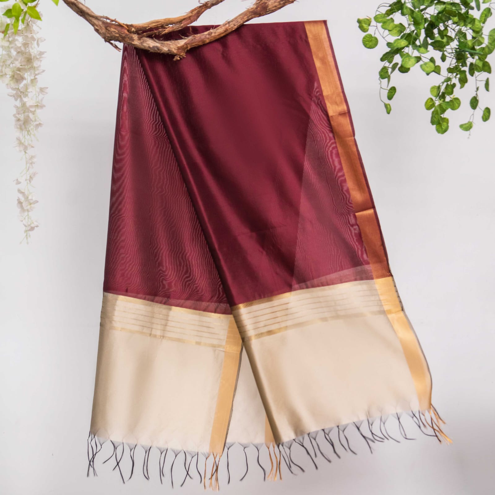 Cotton Silk Rosewood Maroon All Sided Border Dupatta