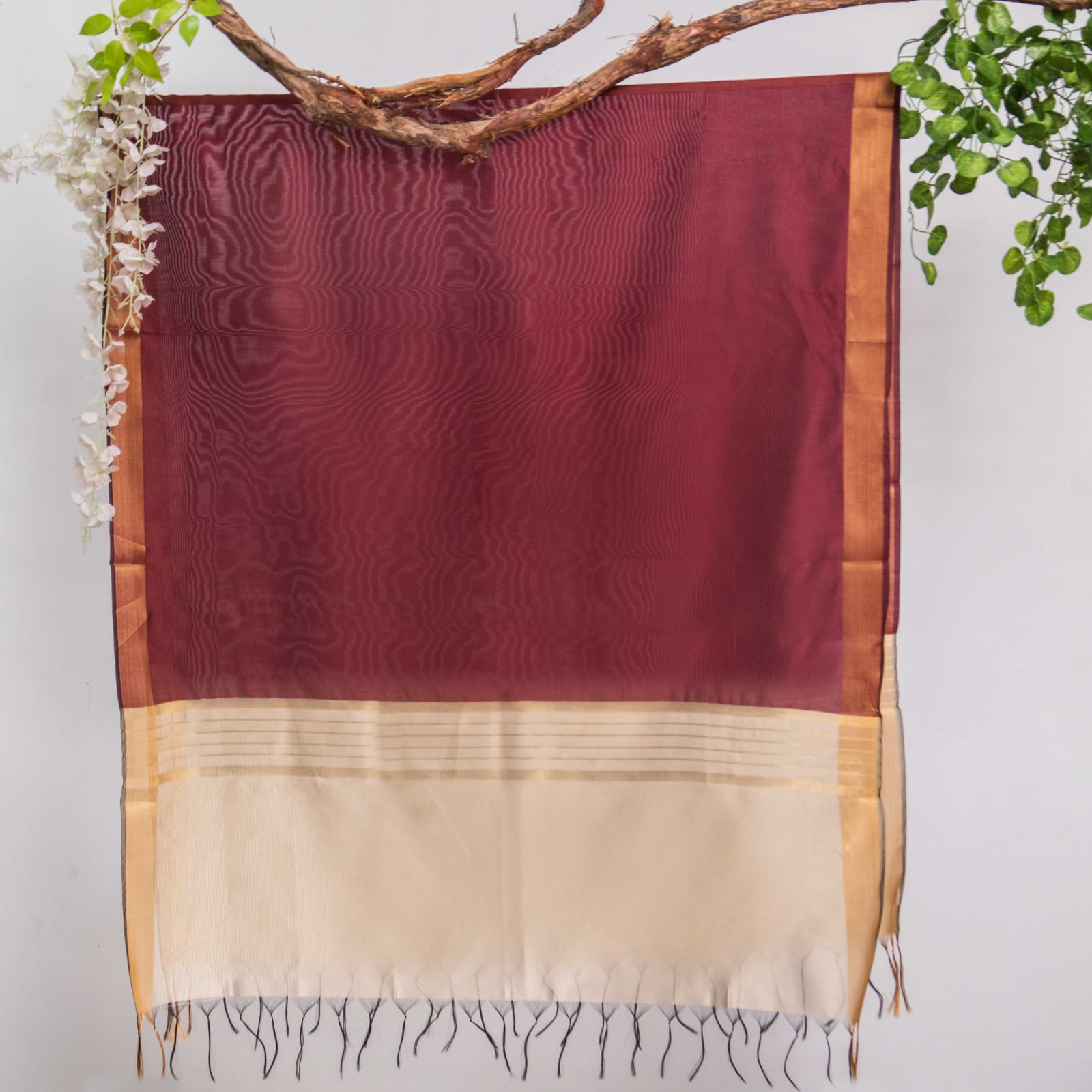 Cotton Silk Rosewood Maroon All Sided Border Dupatta