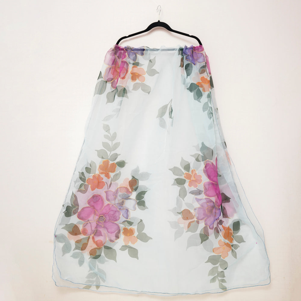 Elegant Floral Ice Blue Organza Hand-Painted Dupatta DUPPATTY WALAY