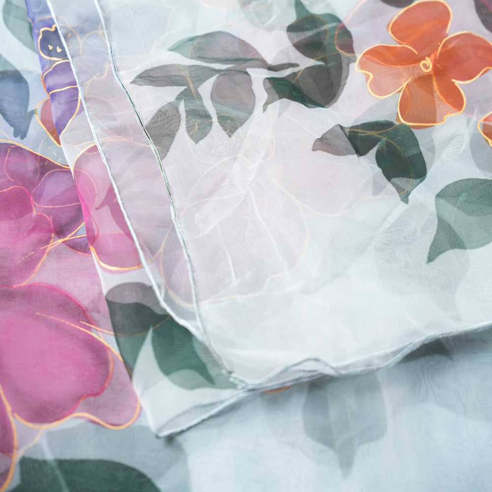 Elegant Floral Ice Blue Organza Hand-Painted Dupatta DUPPATTY WALAY