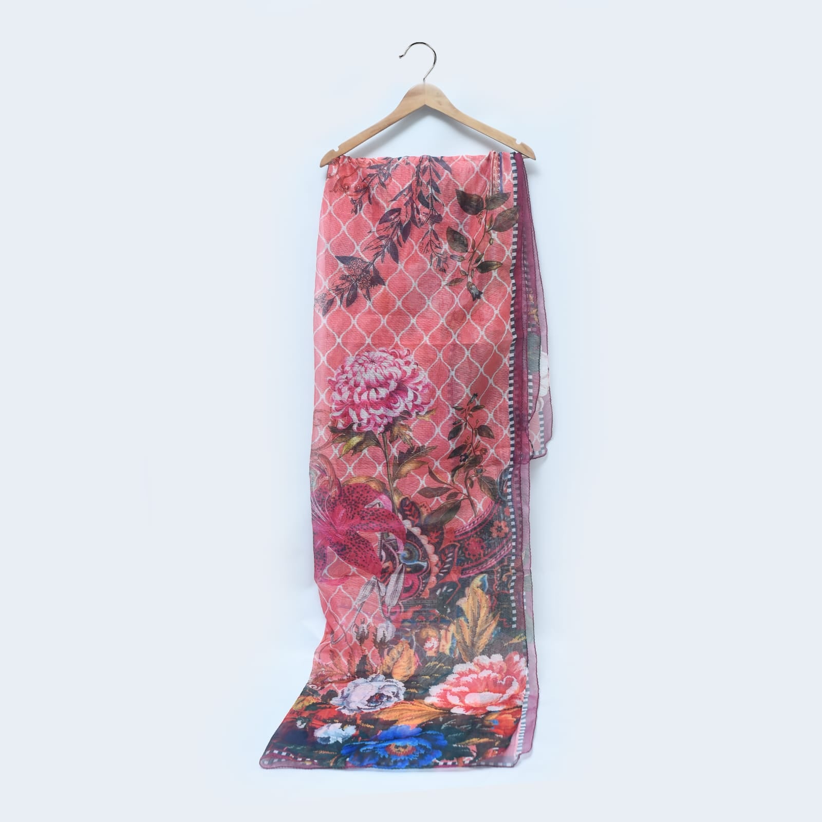 Cotton Net Organza Pink Floral Printed Dupatta