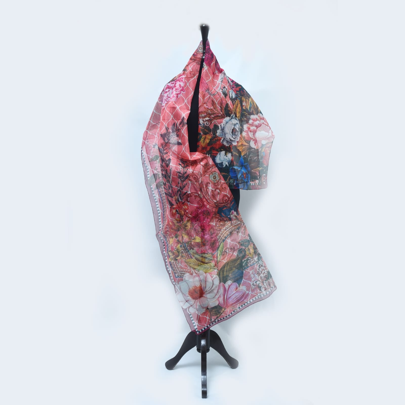 Cotton Net Organza Pink Floral Printed Dupatta