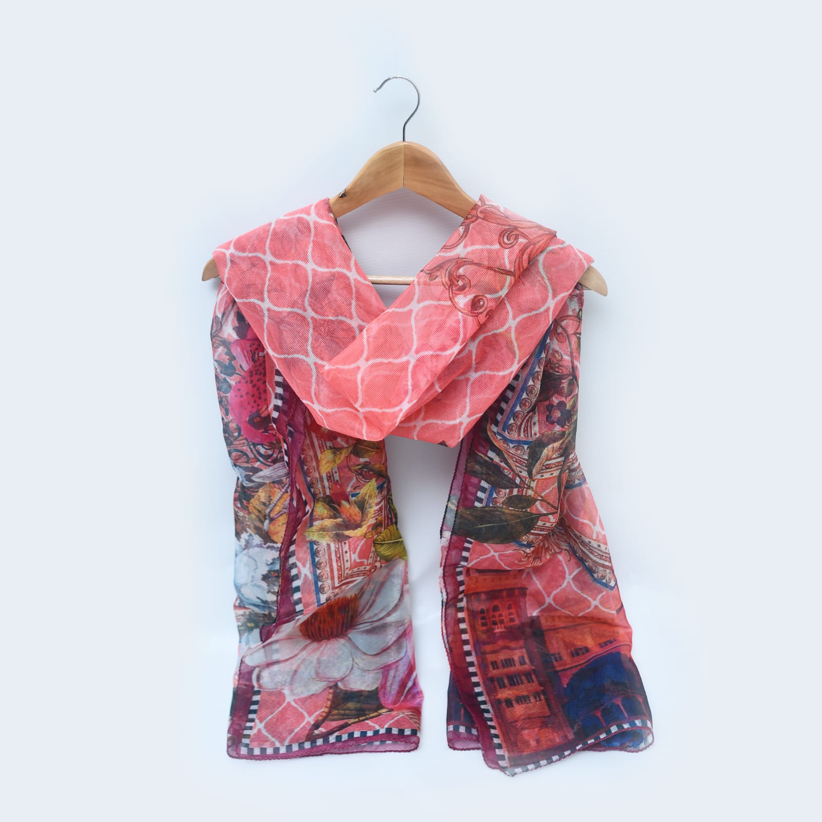 Cotton Net Organza Pink Floral Printed Dupatta
