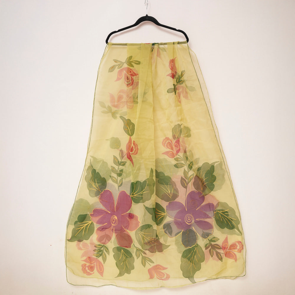 Delicate Floral Yellow Organza Hand-Painted Dupatta DUPPATTY WALAY