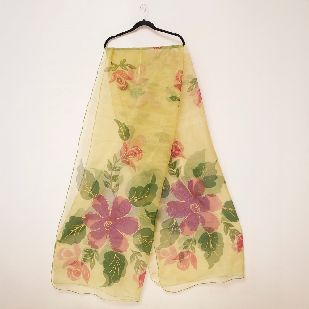 Delicate Floral Yellow Organza Hand-Painted Dupatta DUPPATTY WALAY