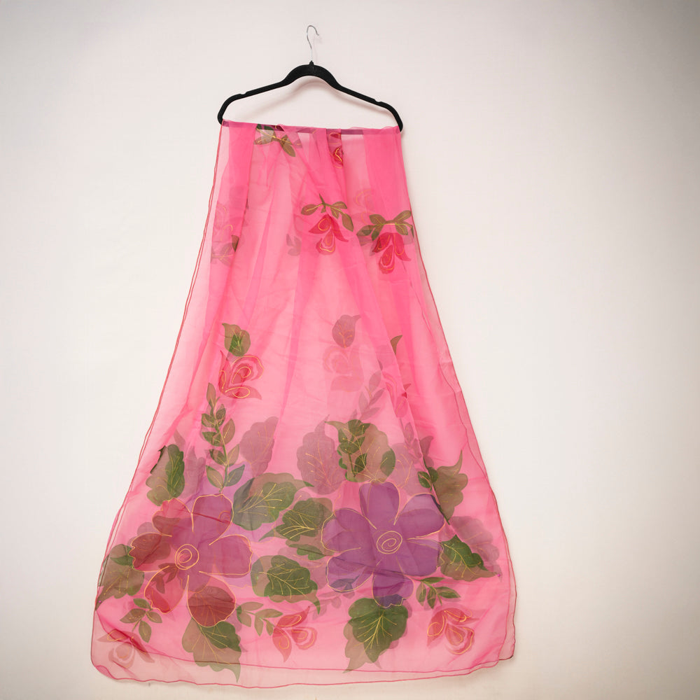 Vibrant Floral Light Pink Organza Hand-Painted Dupatta DUPPATTY WALAY
