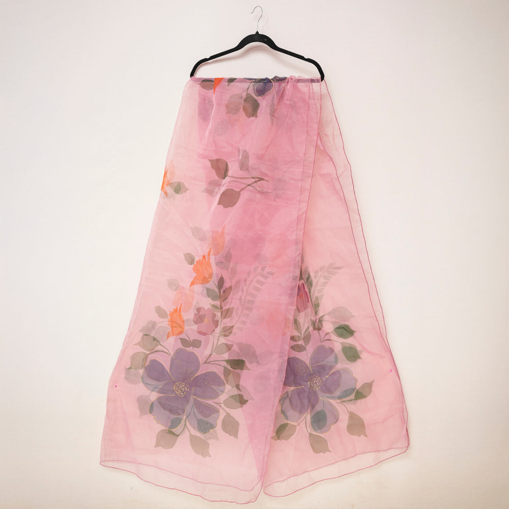 Graceful Floral Light Pink Organza Hand-Painted Dupatta DUPPATTY WALAY