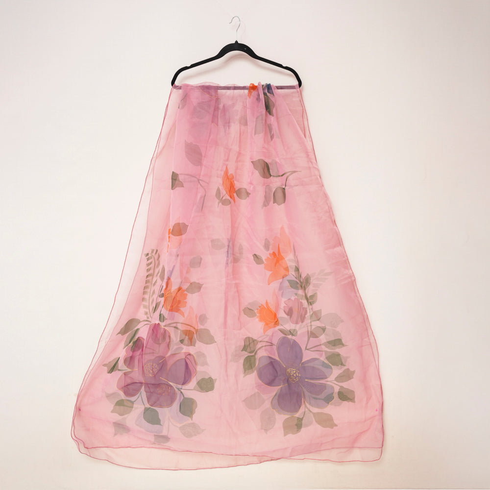 Graceful Floral Light Pink Organza Hand-Painted Dupatta DUPPATTY WALAY