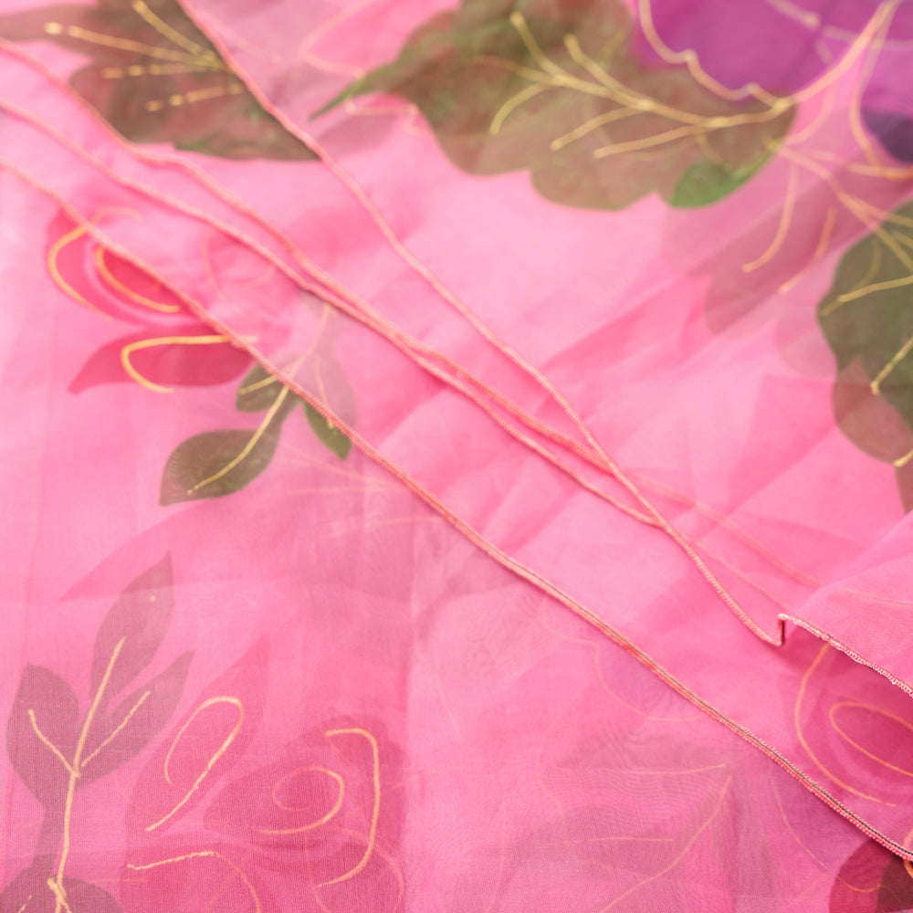 Vibrant Floral Light Pink Organza Hand-Painted Dupatta DUPPATTY WALAY