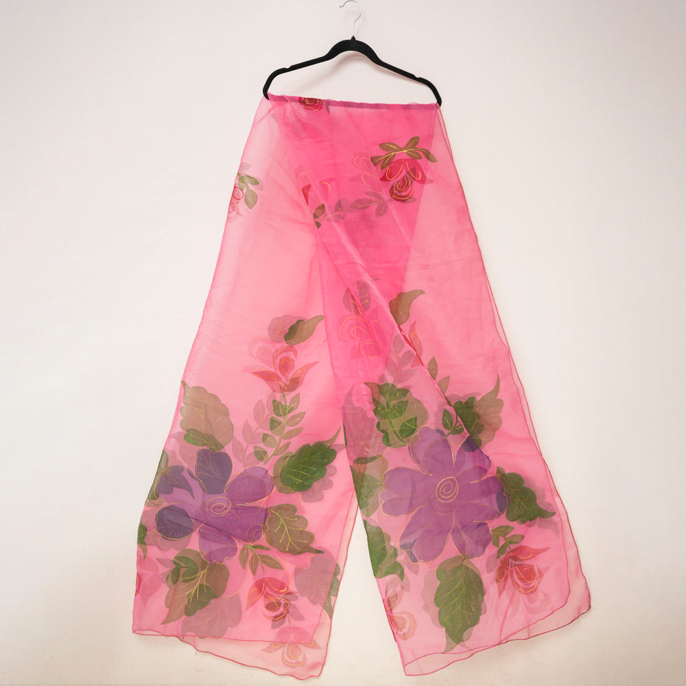 Vibrant Floral Light Pink Organza Hand-Painted Dupatta DUPPATTY WALAY