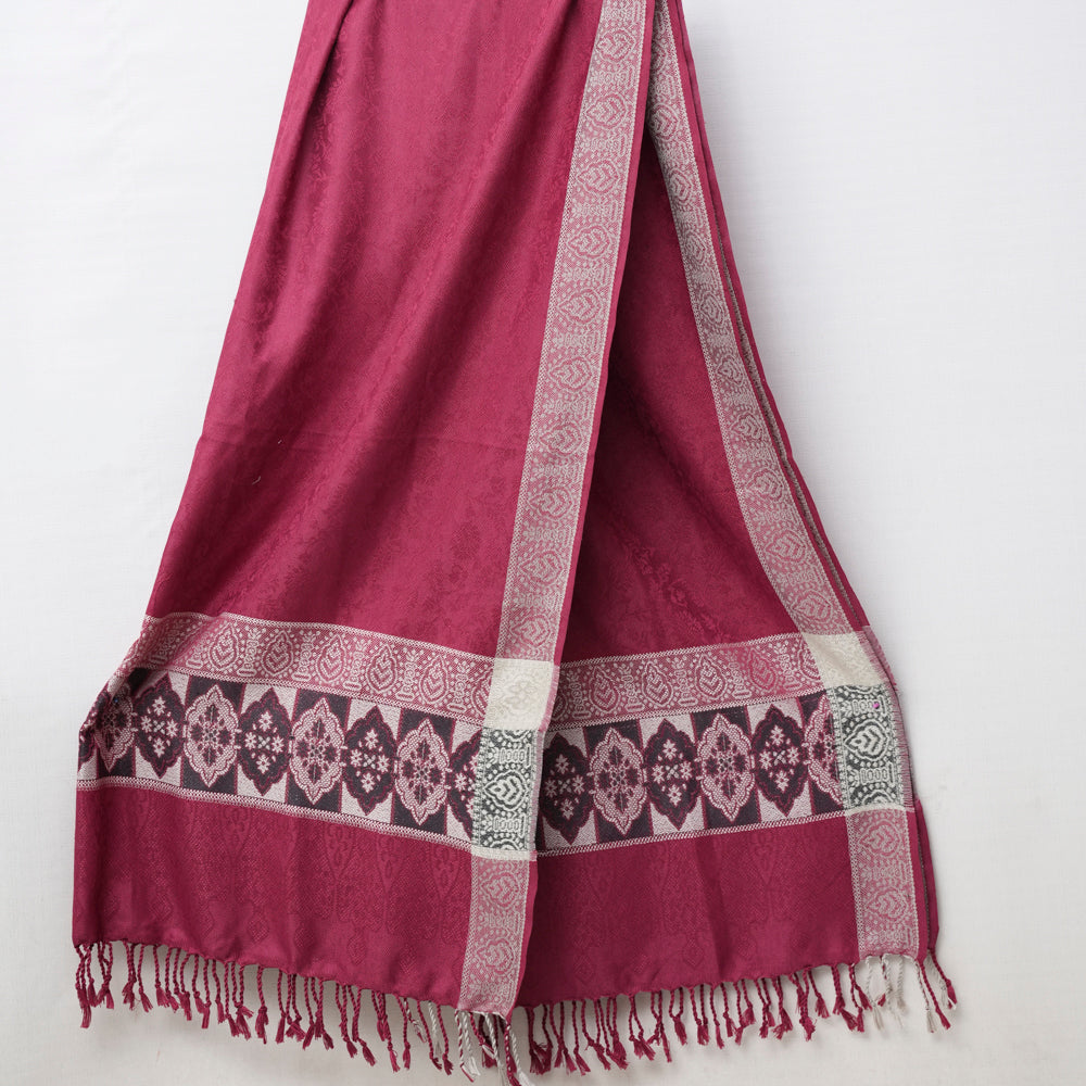 Maroon Shawl with intricate patterns and fringes on Skin and black DUPPATTY WALAY