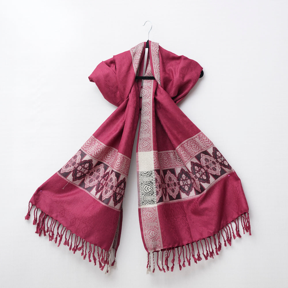 Maroon Shawl with intricate patterns and fringes on Skin and black DUPPATTY WALAY