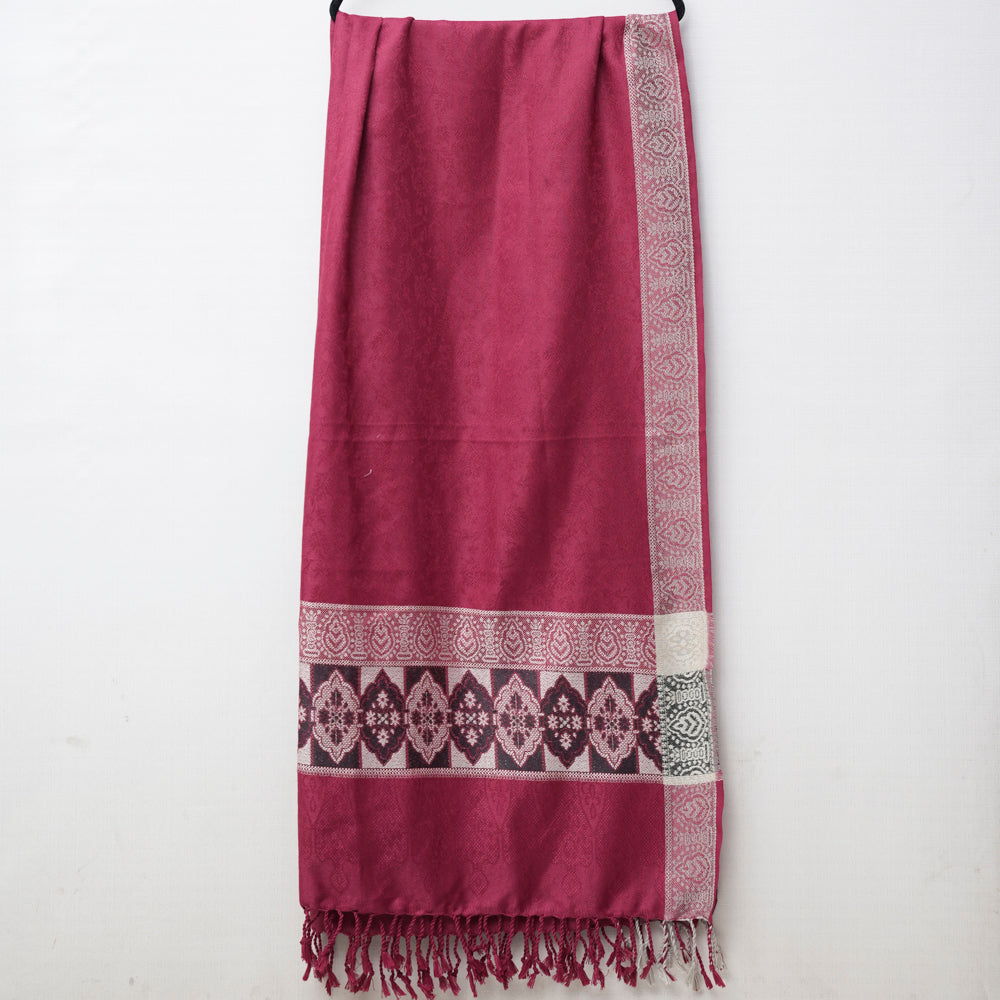 Maroon Shawl with intricate patterns and fringes on Skin and black DUPPATTY WALAY