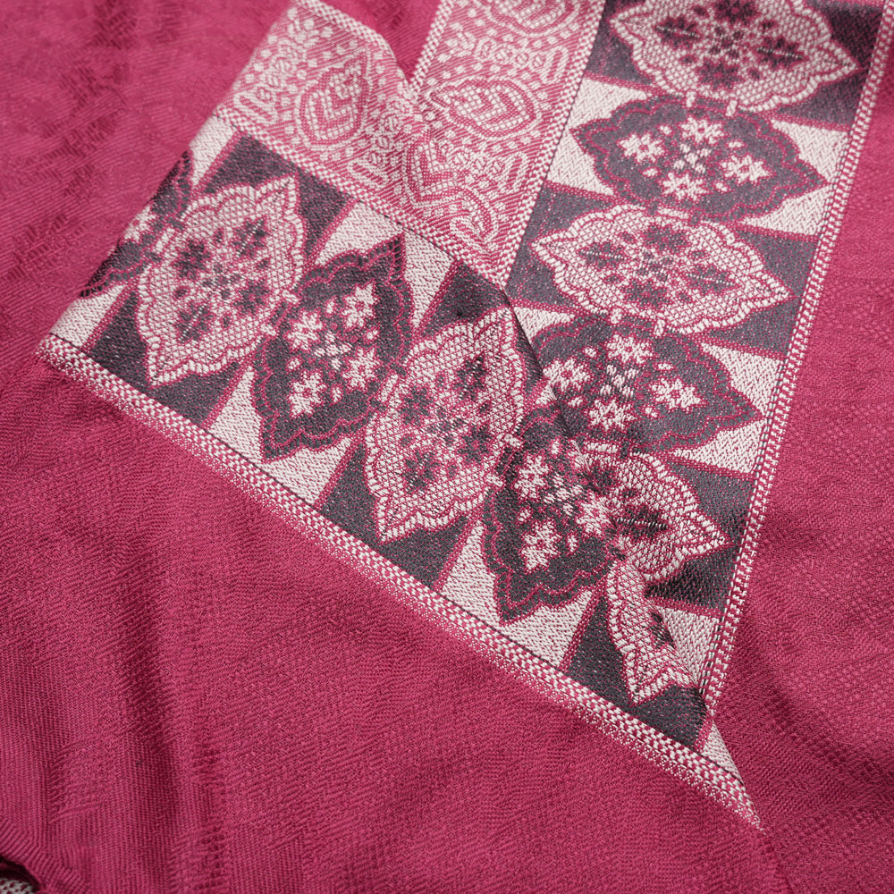 Maroon Shawl with intricate patterns and fringes on Skin and black DUPPATTY WALAY