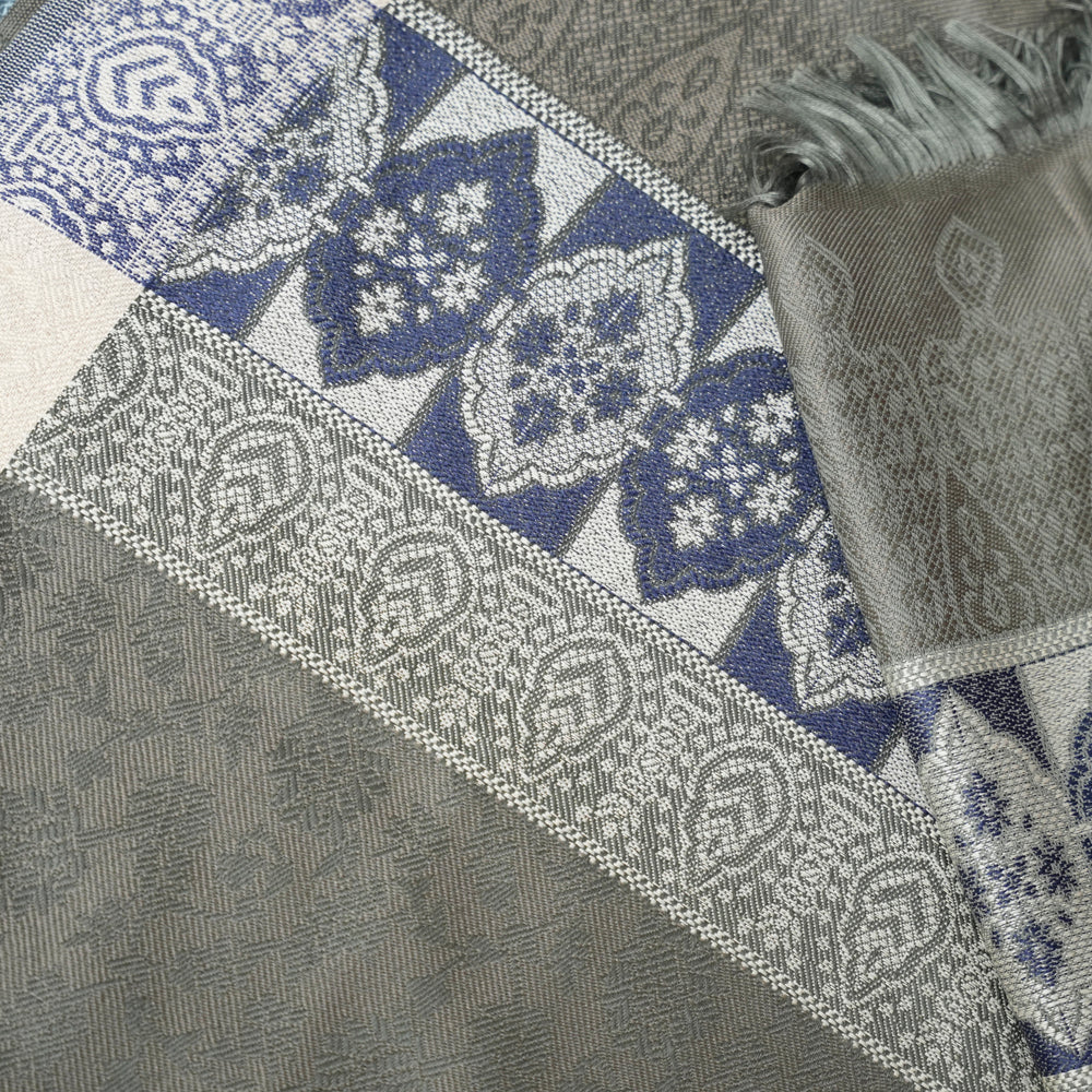 Green scarf with blue and white pattern on a white DUPPATTY WALAY