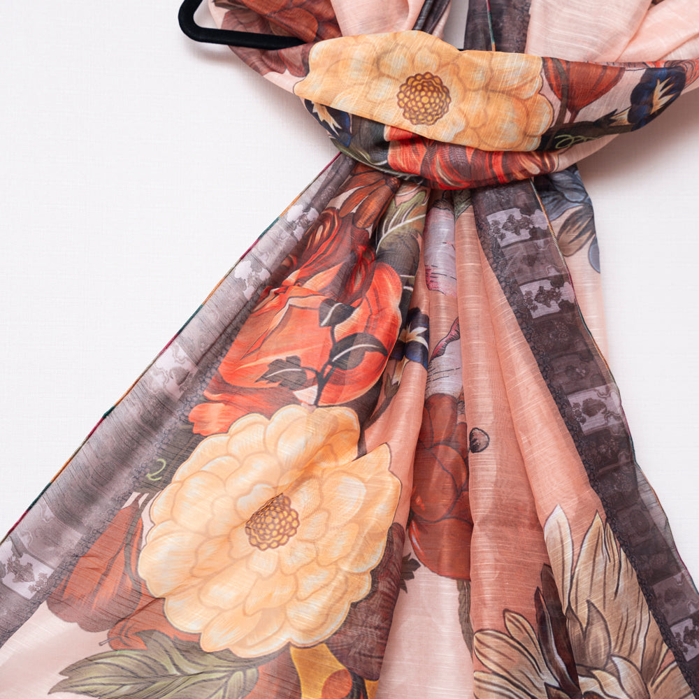 Peach Monark Dupatta with Bold Floral & Contrast Border DUPPATTY WALAY