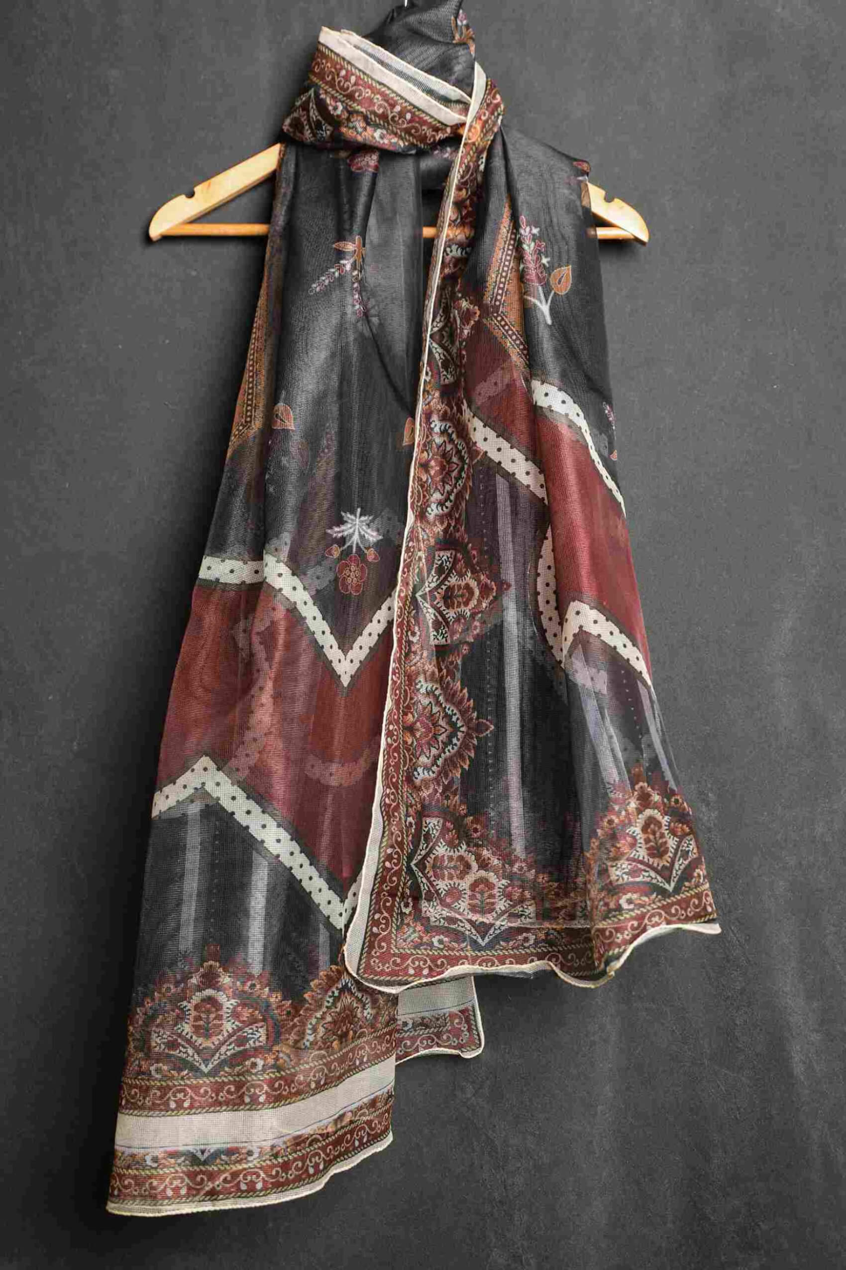 Organza Black Avebury Floral Printed Dupatta