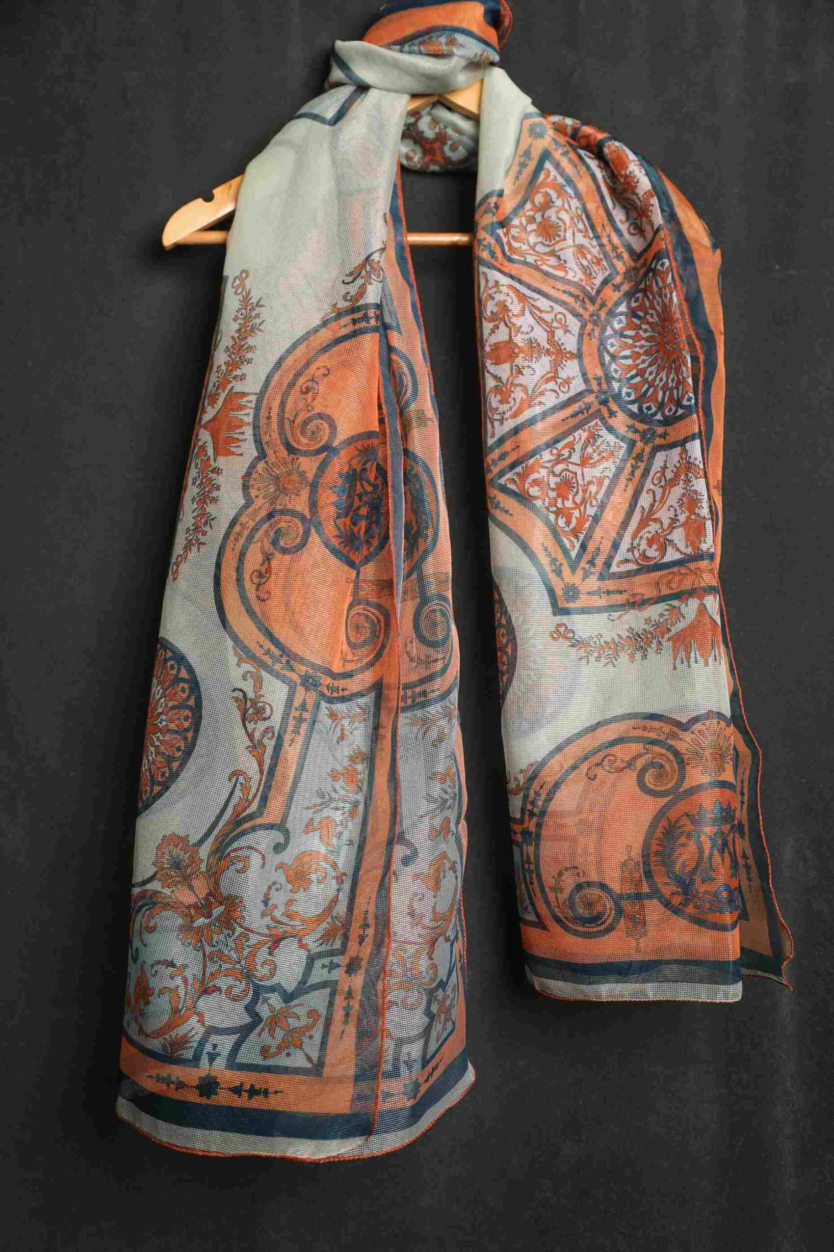 Organza Light Green and Orange Antoinette Poisson Printed Dupatta