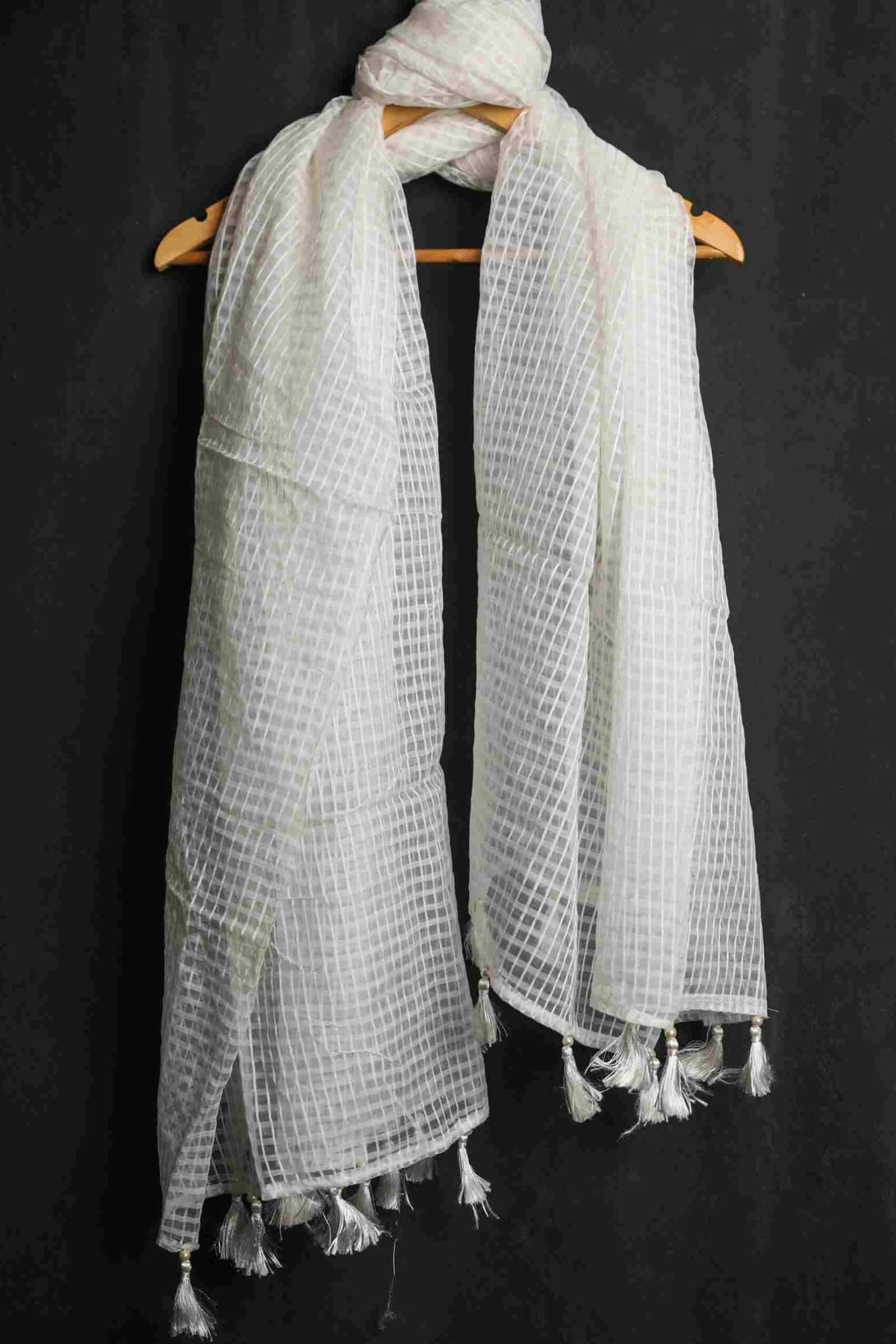Organza White Checkered with Tussle Dupatta