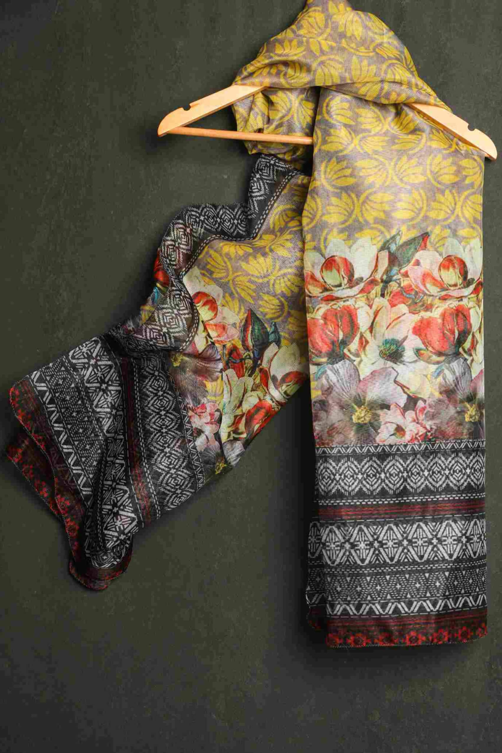 Organza Yellow Floral With Border Printed Dupatta
