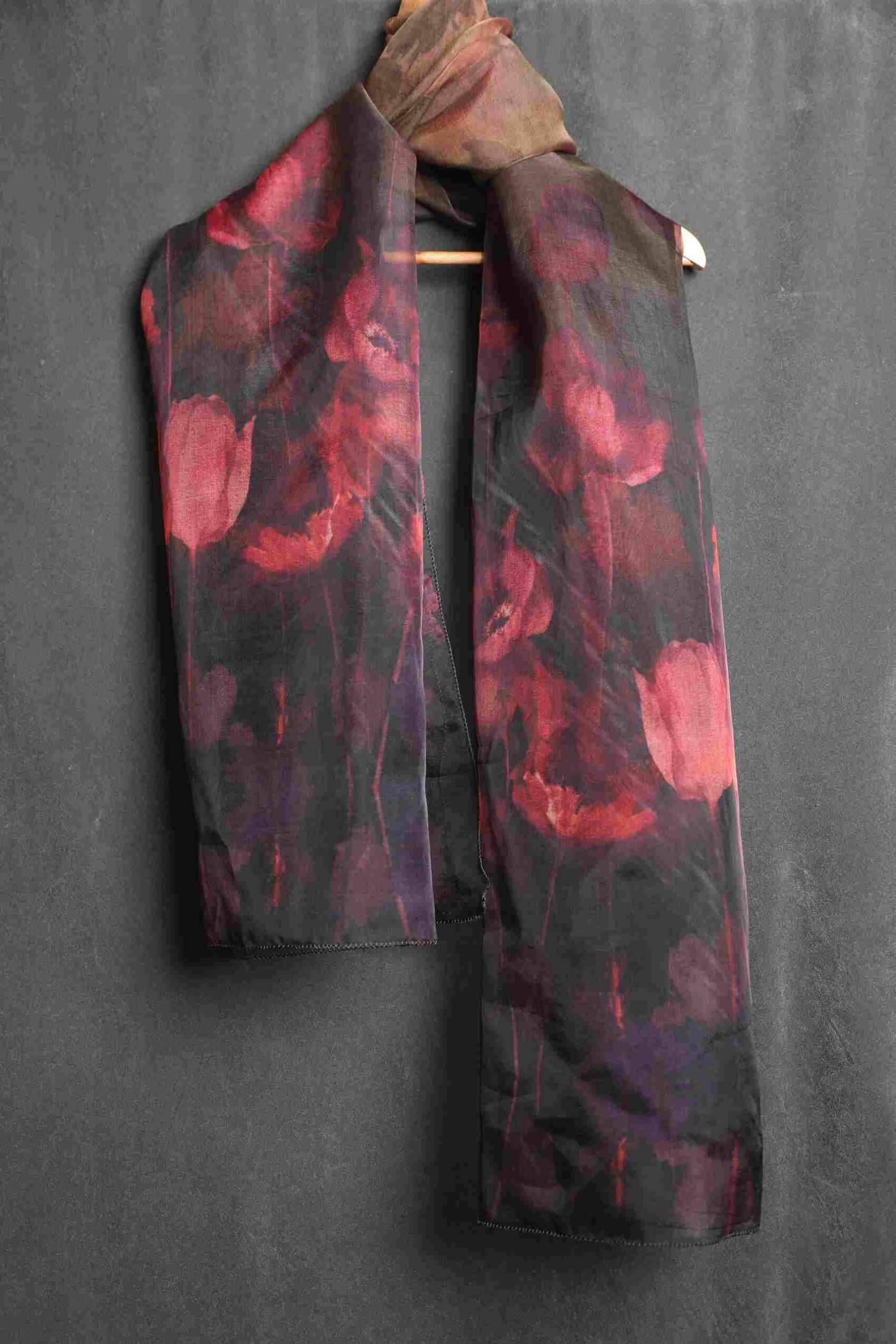Organza Black Red Rose Printed Dupatta