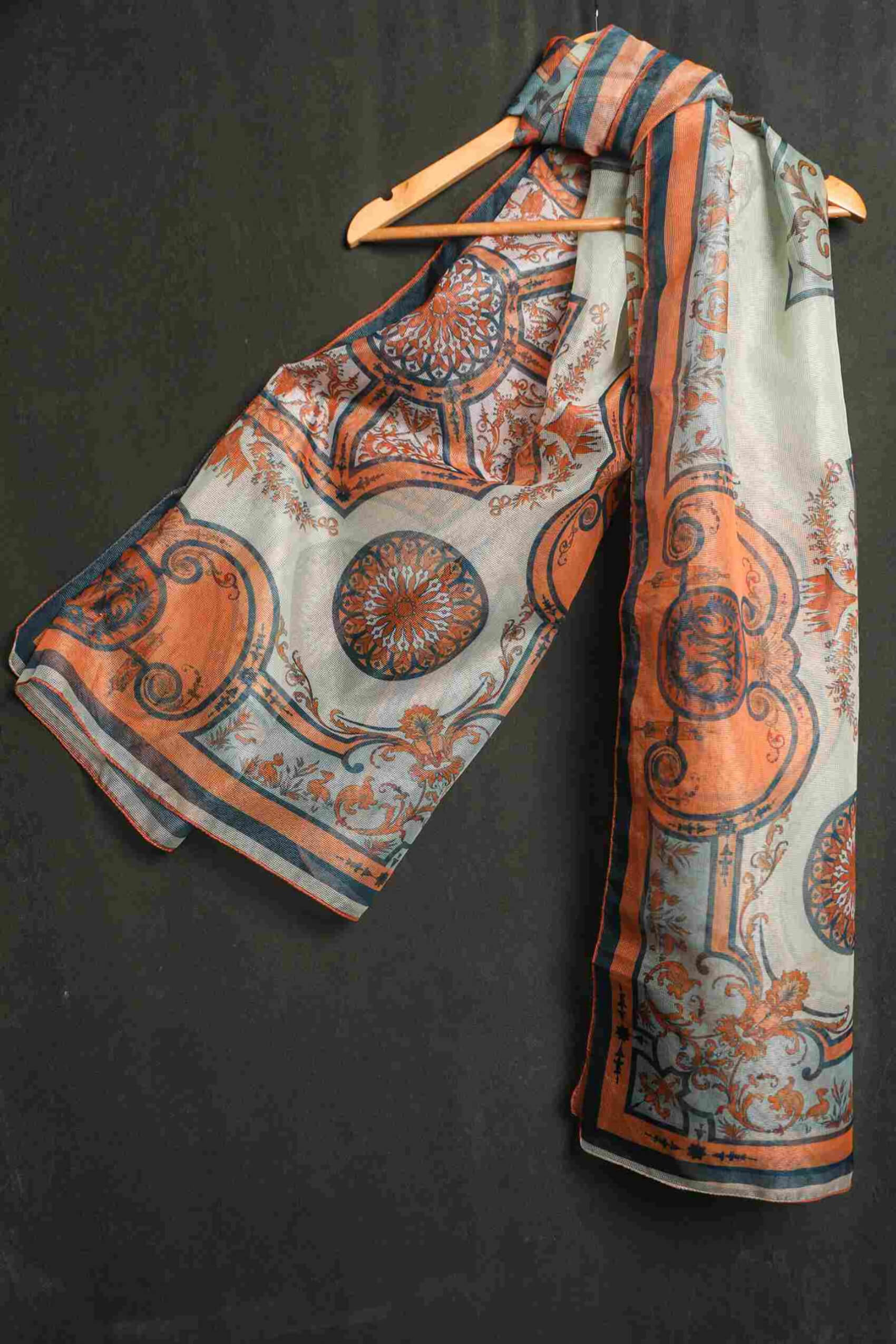 Organza Light Green and Orange Antoinette Poisson Printed Dupatta
