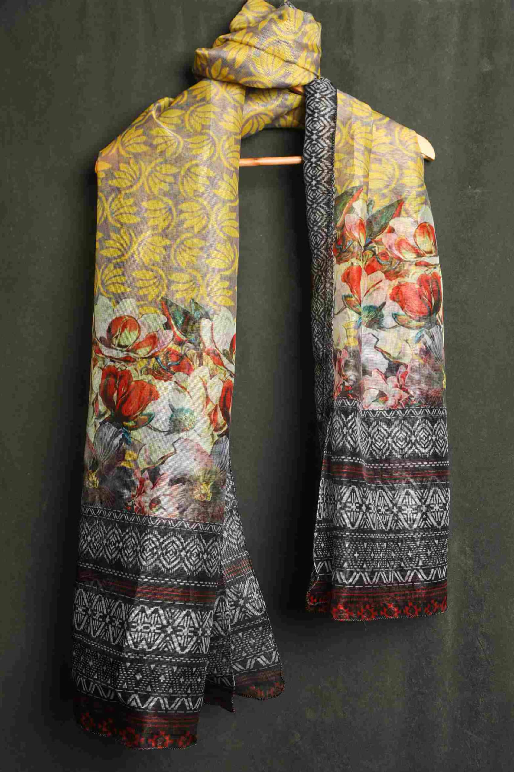 Organza Yellow Floral With Border Printed Dupatta