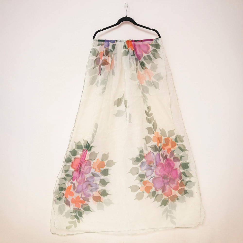 Elegant Floral Off-White Organza Hand-Painted Dupatta DUPPATTY WALAY