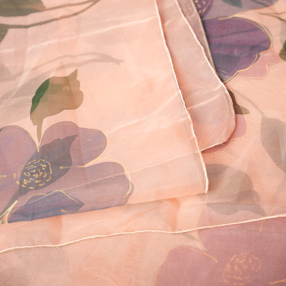 Charming Floral Peach Organza Hand-Painted Dupatta DUPPATTY WALAY