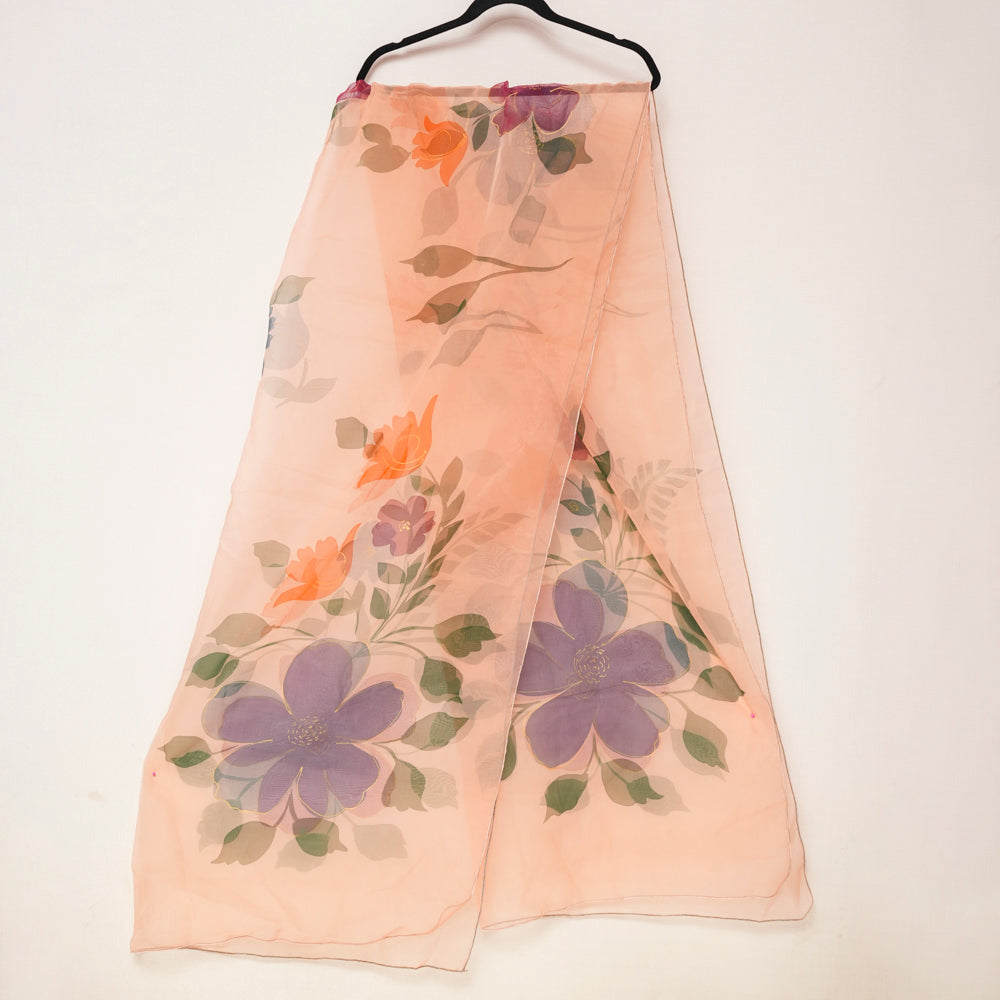 Charming Floral Peach Organza Hand-Painted Dupatta DUPPATTY WALAY