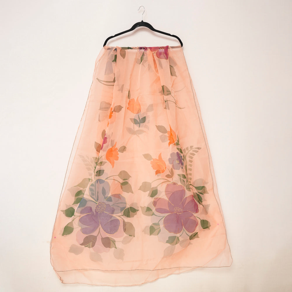 Charming Floral Peach Organza Hand-Painted Dupatta DUPPATTY WALAY