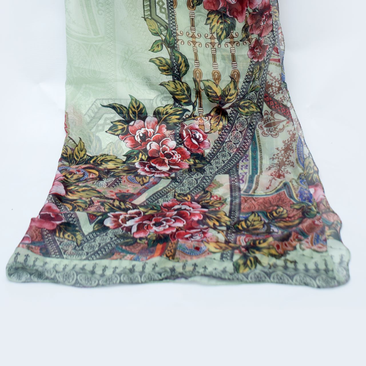 Silk Floral Olive Green Printed Dupatta