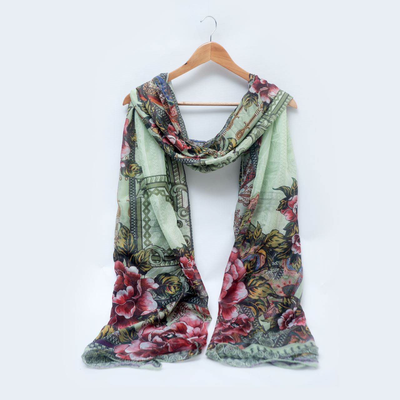 Silk Floral Olive Green Printed Dupatta